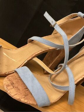 Light Blue Strappy Cork Block Heel Sandals